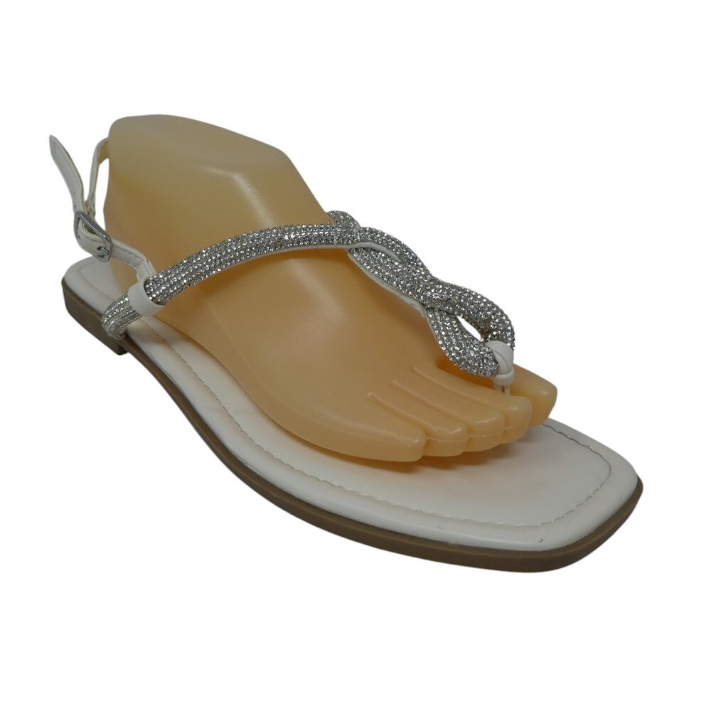 Seychelles White Rhinestone Crystal T-Strap Open Toe Flats Sandals